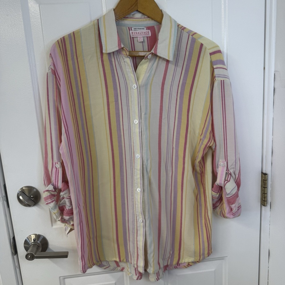 PJ Salvage Need Vitamin Sea MultiColor Stripe Shirt Blouse Sz Small Quiet Luxury